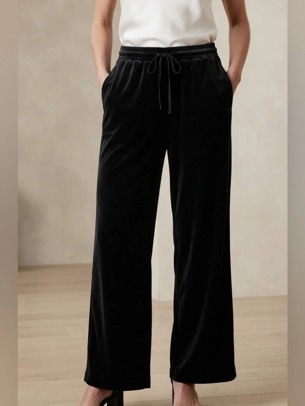 GAP NWT Black Velvet High Waisted Wide Leg Pants Drawstring Large Tall